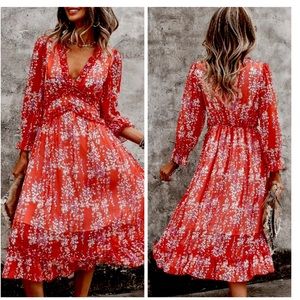 Red V-Neck Floral Tiered Long Sleeve Boho Dress